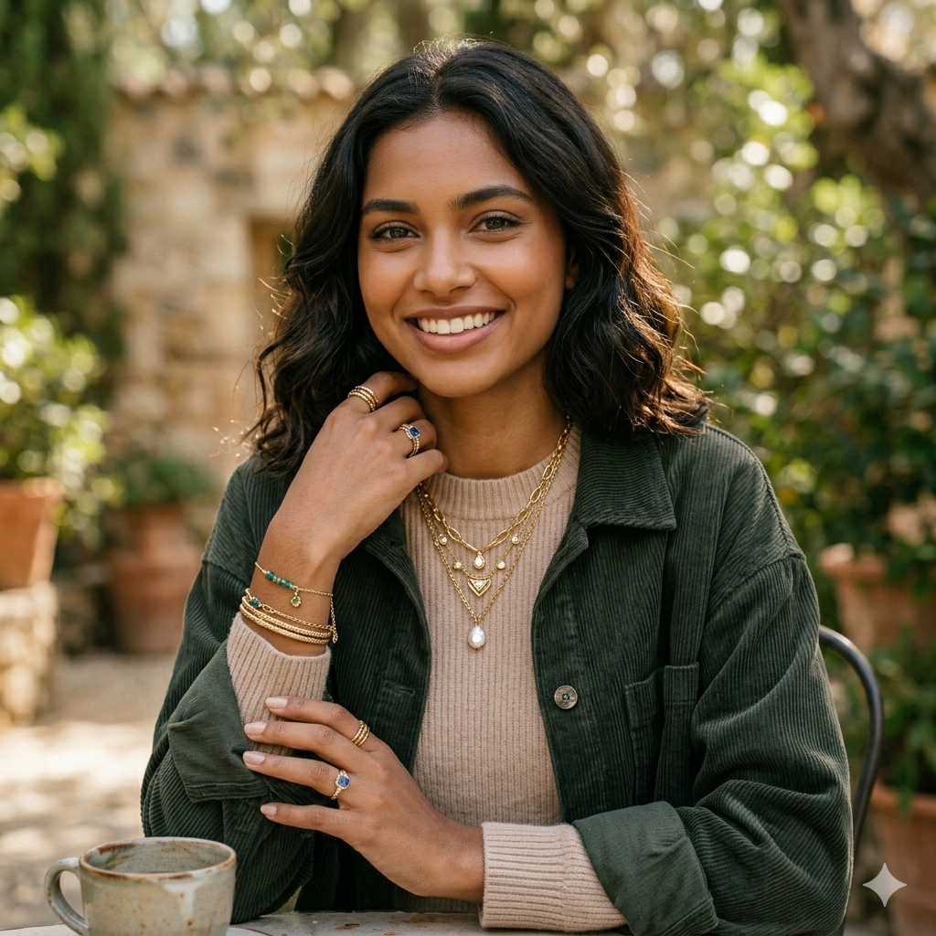 A sophisticated lifestyle shot featuring a handcrafted 18k gold-plated link necklace adorned with a genuine baroque pearl pendant and mixed gemstones. This ensemble is paired with stacked sapphire statement rings and a delicate gold bangle, perfect for transition from day to evening wear.